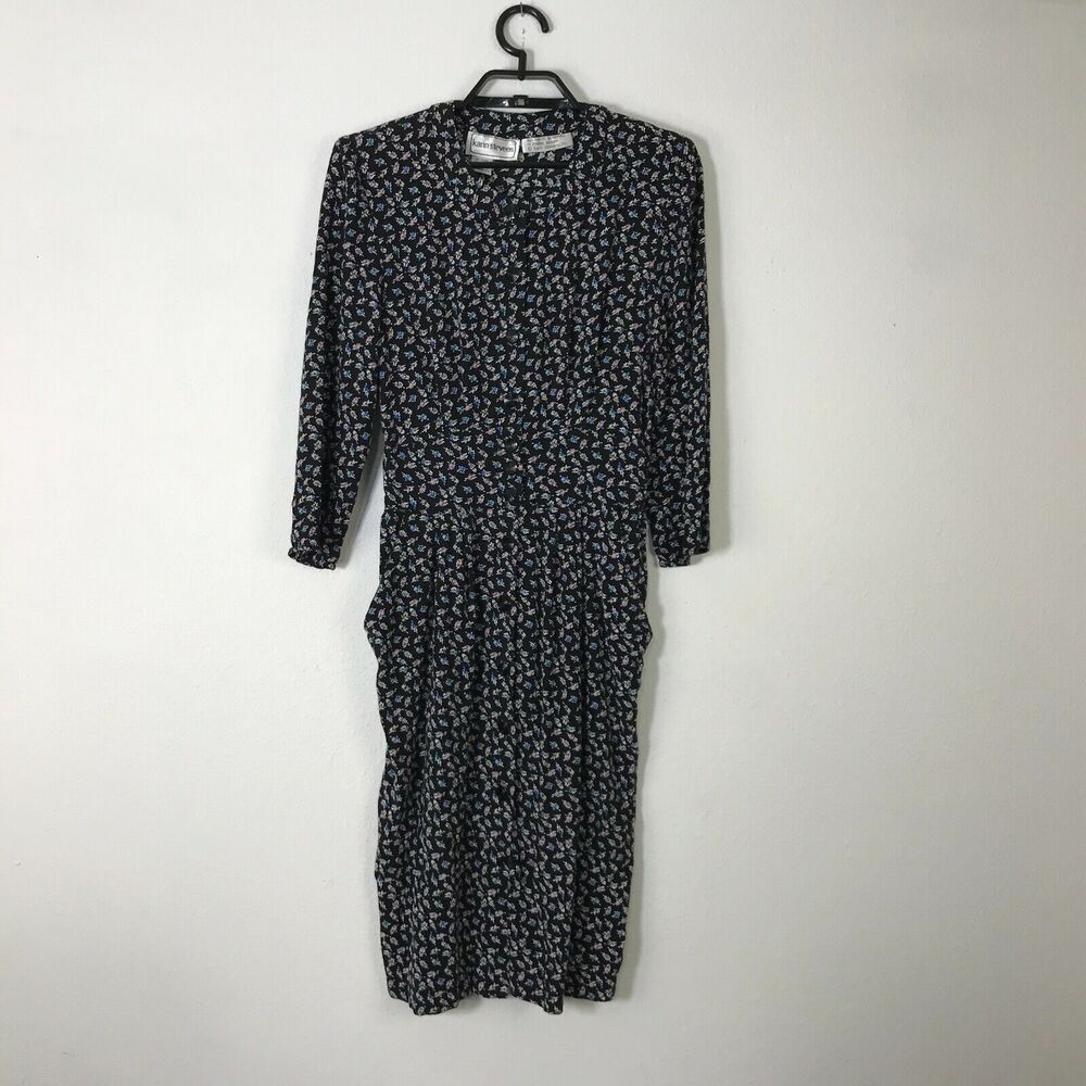 Vintage Karin Stevens Dress Size S Rayon Floral 3/4 Sleeve Sheath Pockets Womens